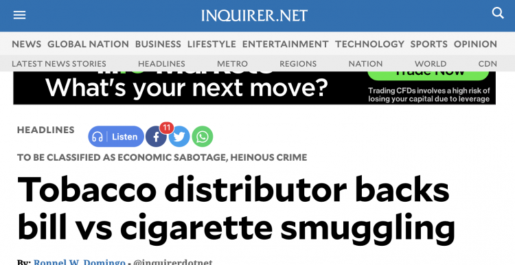 Ley propuesta para criminalizar el contrabando de cigarrillos en Filipinas.