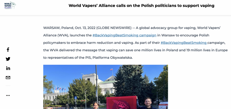World Vaping Alliance Launches #BackVapingBeatSmoking Campaign in Poland