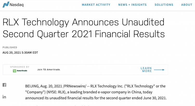 RLX publica el informe financiero del segundo trimestre de 2022 en NASDAQ.