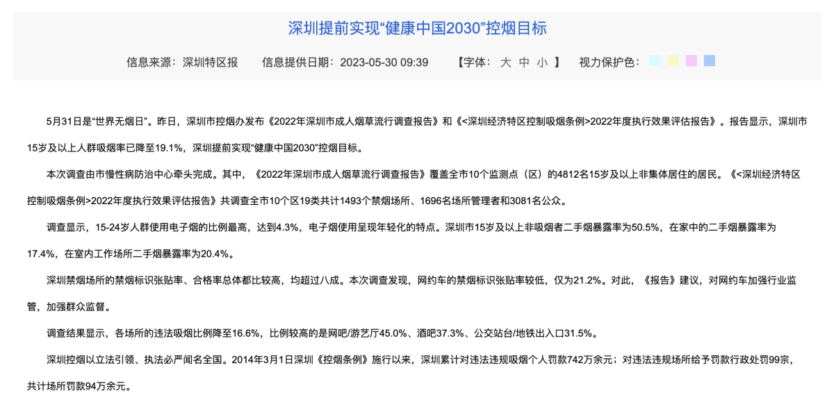 深圳特区报：深圳提前实现“健康中国2030”控烟目标