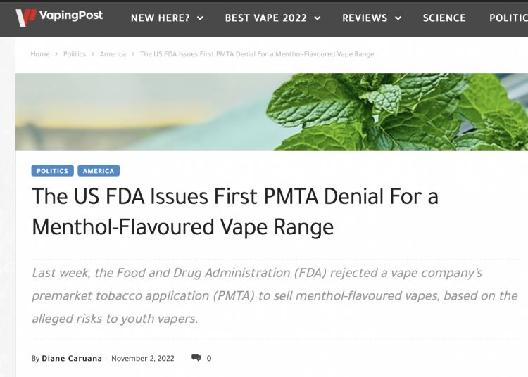 La FDA rechaza la solicitud de la compañía de cigarrillos electrónicos debido al riesgo del sabor a menta para los jóvenes fumadores.
