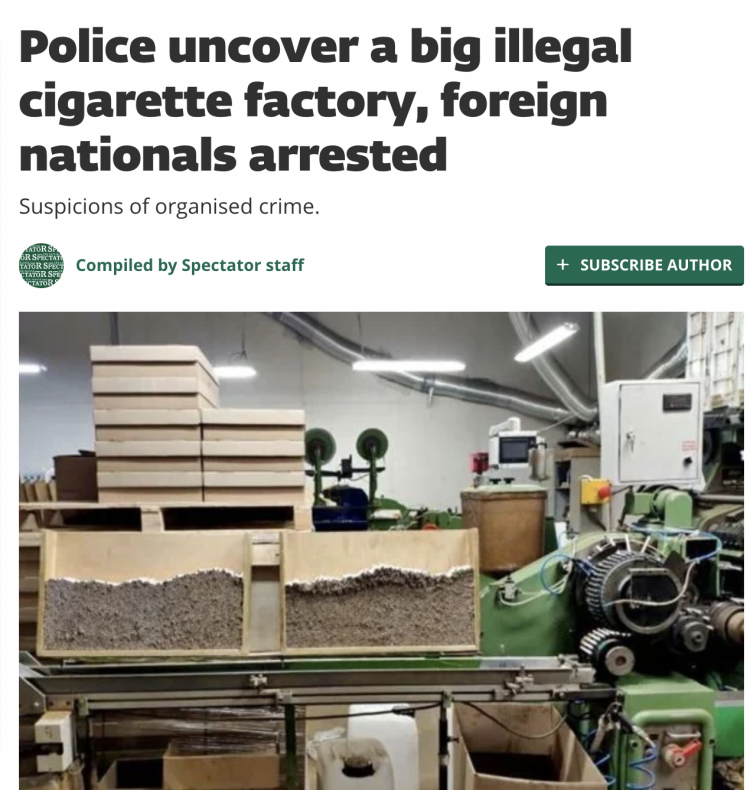 La policía eslovaca desmantela una fábrica ilegal de cigarrillos en una granja avícola.