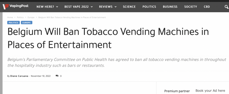 Belgium bans tobacco vending machines in hotels nationwide
