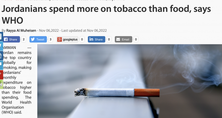 Los jordanos gastan más en tabaco que en alimentos: Informe de la OMS.