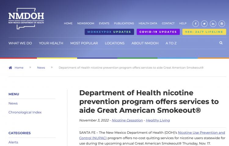 New Mexico DOH offers free smoking cessation services for NUPAC program during Great American Smokeout