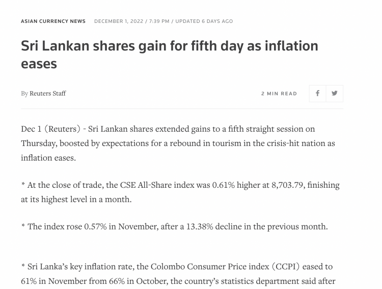Sri Lanka's Stock Market Rises as Inflation Slows
