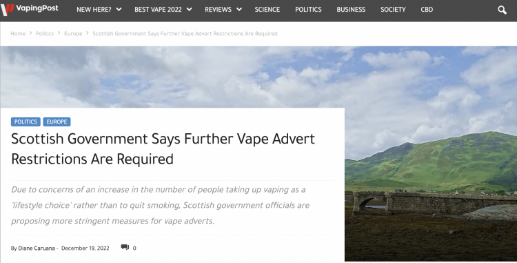 Escocia planea restringir aún más la publicidad de los cigarrillos electrónicos