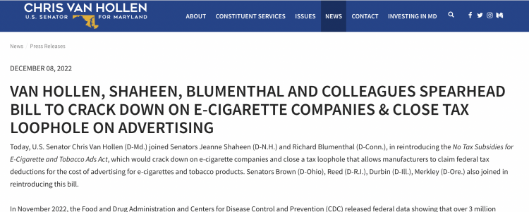 US Senators Reintroduce Bill to End E-Cigarette Advertising Tax Subsidies