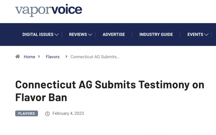 Connecticut Attorney General Submits Testimony Supporting Flavor Ban Proposal