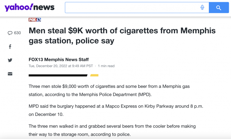 Robo de cigarrillos y cerveza de $9000 en Memphis