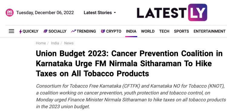 La Alianza Anti-Tabaco de Karnataka pide un aumento en los impuestos al tabaco.