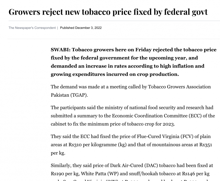 La Asociación de Cultivadores de Tabaco de Pakistán rechaza los precios establecidos