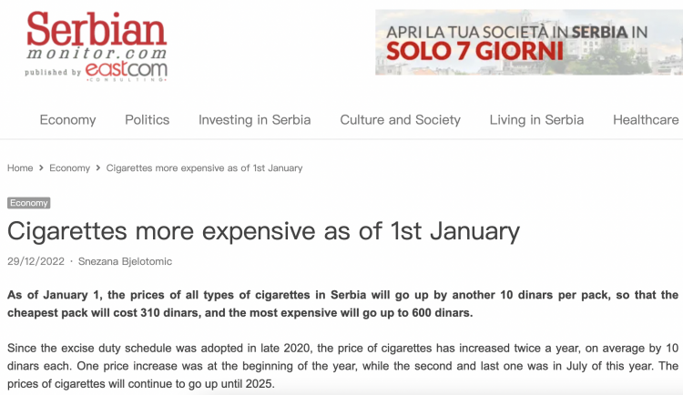 Serbia aumentará los precios de los cigarrillos en 10 dinares por paquete.
