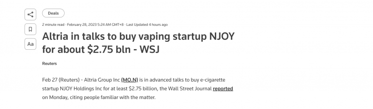 Altria en conversaciones para comprar la startup de cigarrillos electrónicos NJOY.