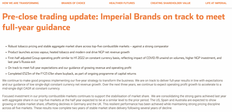Imperial Brands espera un crecimiento en los ingresos netos en dígitos bajos.