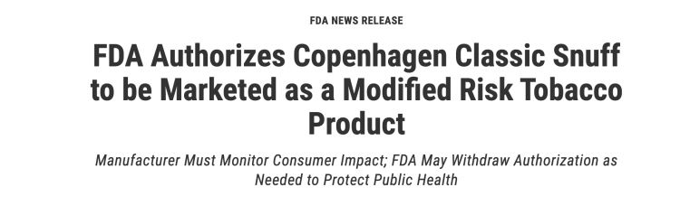 La FDA autoriza el uso de Copenhagen Classic Snuff como producto de tabaco de riesgo modificado.