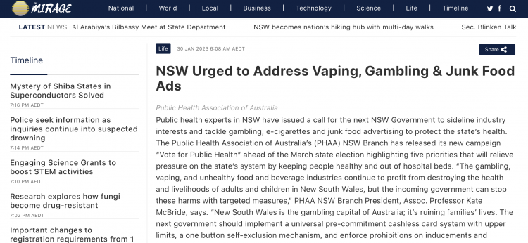 Expertos en salud pública instan al gobierno de NSW a abordar los intereses de la industria.