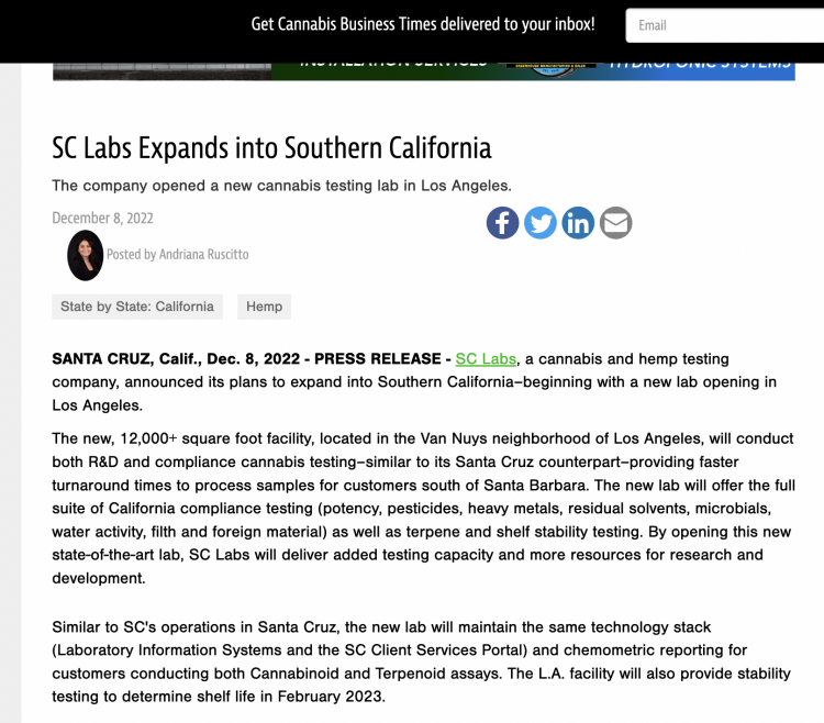SC Labs anuncia su expansión al sur de California con un nuevo laboratorio en Los Ángeles.