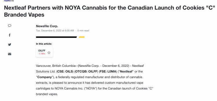 Nextleaf Partners with NOYA to Launch Cookies “C” Vapes in Canada.