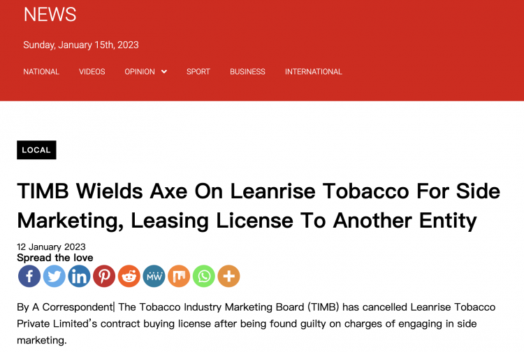 El permiso de compra de contrato de Leanrise Tobacco Limited ha sido revocado por el TIMB.
