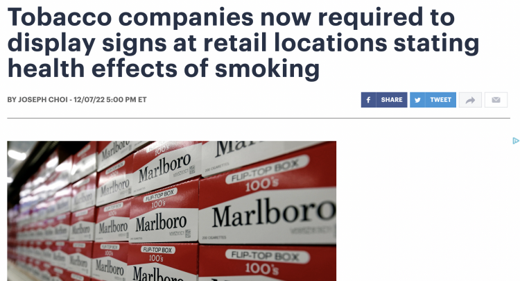US Tobacco Companies Required to Display Health Warnings in Retail Stores