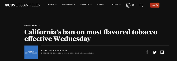 California prohíbe los productos de tabaco con sabor, incluyendo los cigarrillos electrónicos.