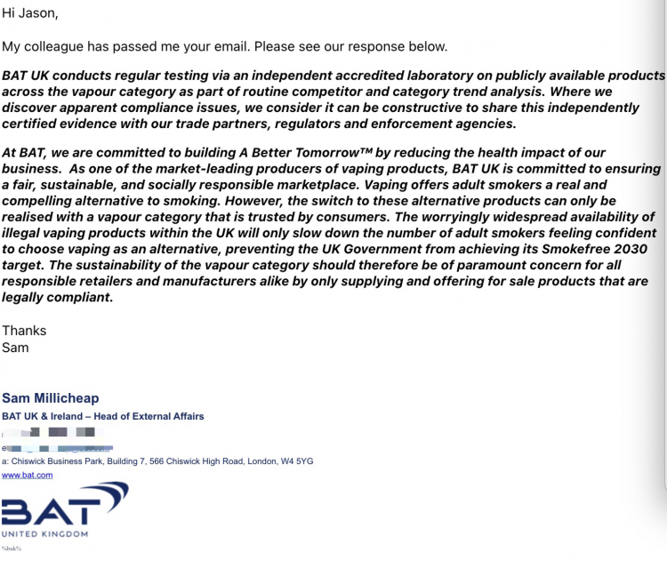 BAT's Response to One-time E-cigarette Testing in UK