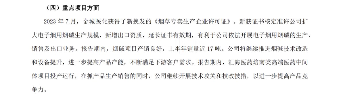 金城医药:实现营业收入17.05亿元 将推进烟碱技术改造提高产品产能