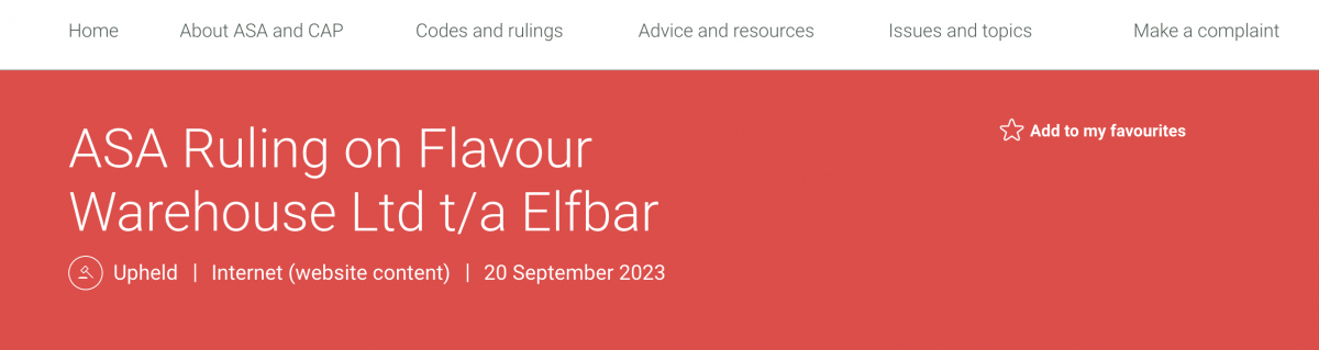 ASA Ruling: Flavor Warehouse Ltd t/a ELFBAR Violated Advertising Guidelines
