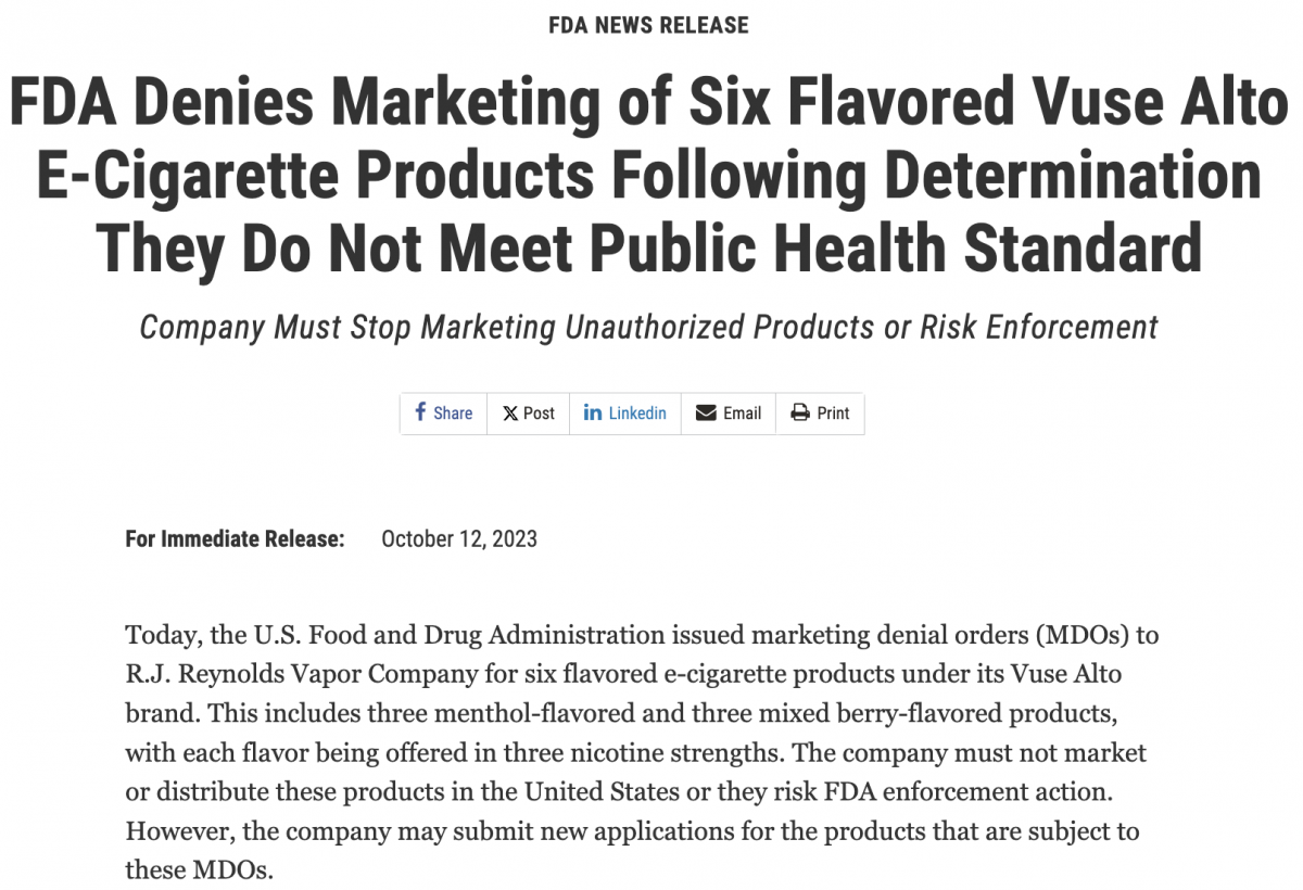 2FIRSTS FDA Issues Marketing Denial Orders for Vuse Alto E Cigarette