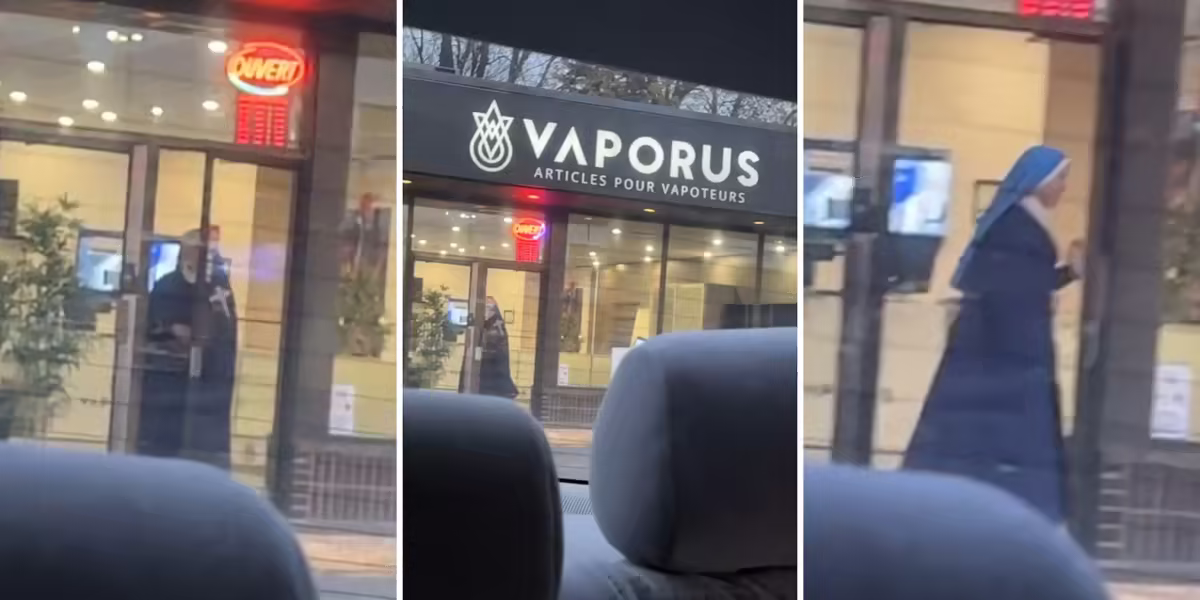 Sorprendente imagen: Una monja es vista saliendo de una tienda de cigarrillos electrónicos