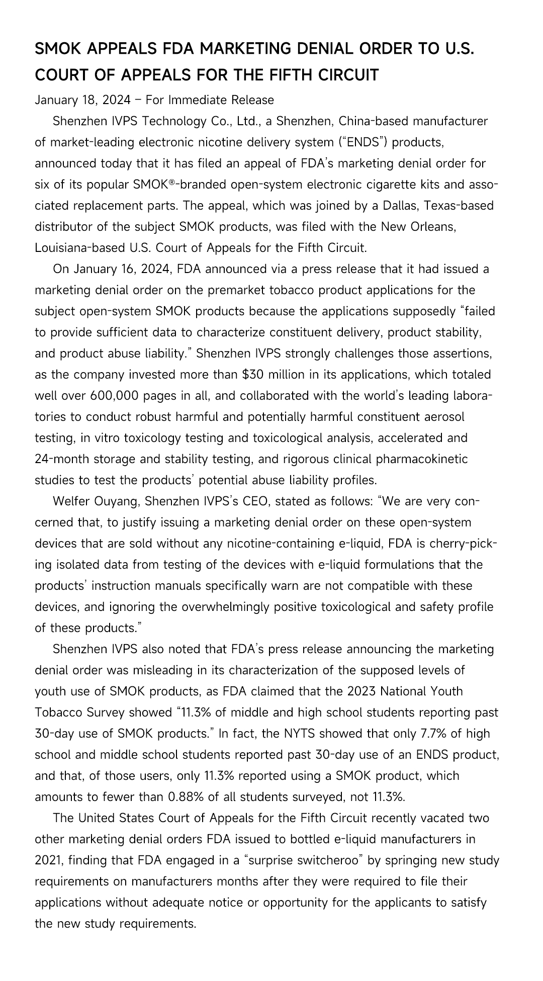 Appeal Filed Against FDA's Marketing Denial Order on SMOK Products