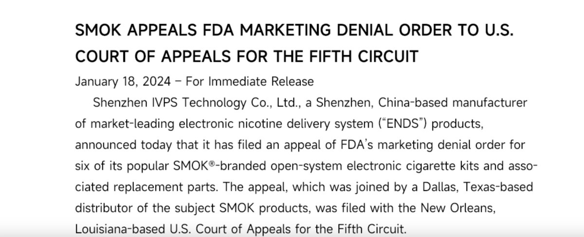 Appeal Filed Against FDA's Marketing Denial Order on SMOK Products