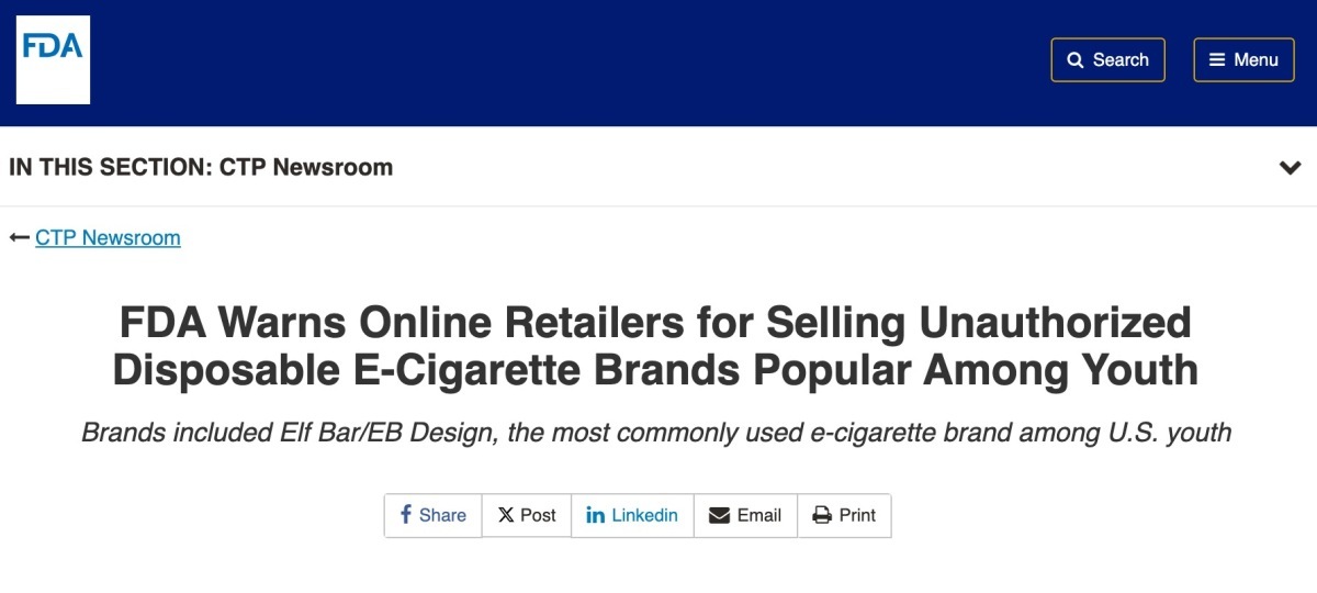 FDA Warns Online Retailers for Unauthorized Sale of E-Cigarette Products