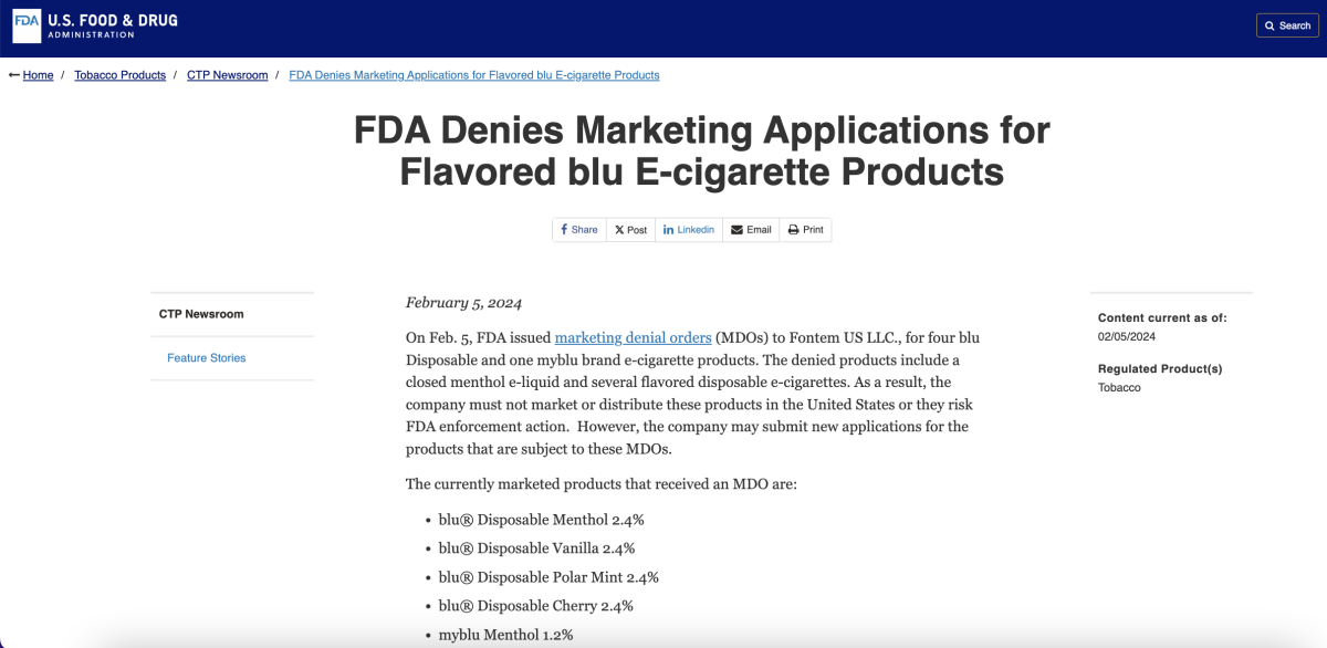 La FDA emite una MDO para los productos de cigarrillos electrónicos Fontem 4 blu y 1 myblu