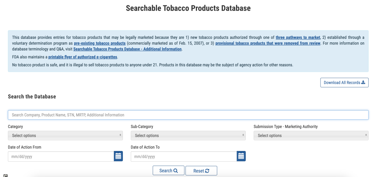 La FDA lanza una base de datos de productos de tabaco searchable para cumplimiento de minoristas.