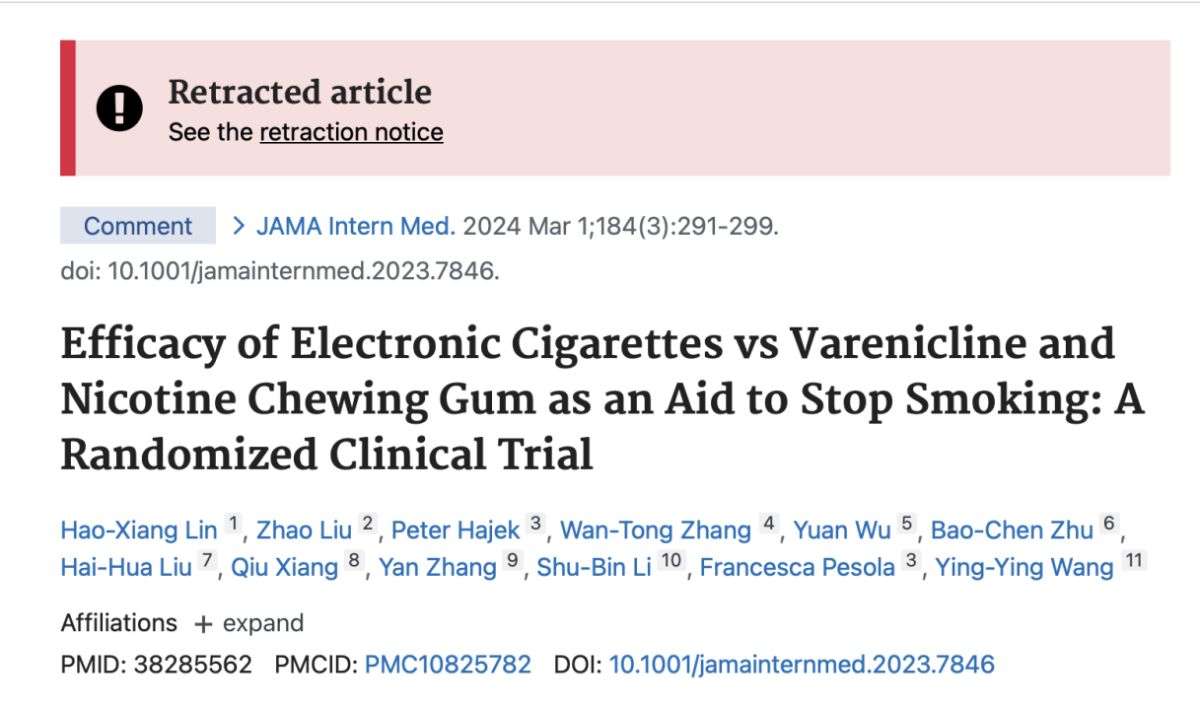 Retracción del estudio sobre los efectos del cigarrillo electrónico en la cesación del tabaquismo.