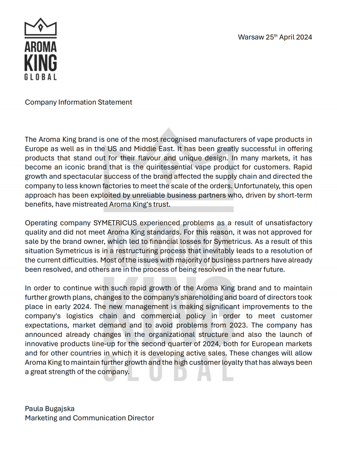 Respuesta exclusiva de Aroma King a las acusaciones de deuda con proveedores.