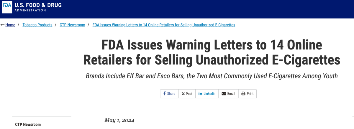 FDA Issues Warnings to 14 Online Retailers for Unauthorized E-Cigarettes