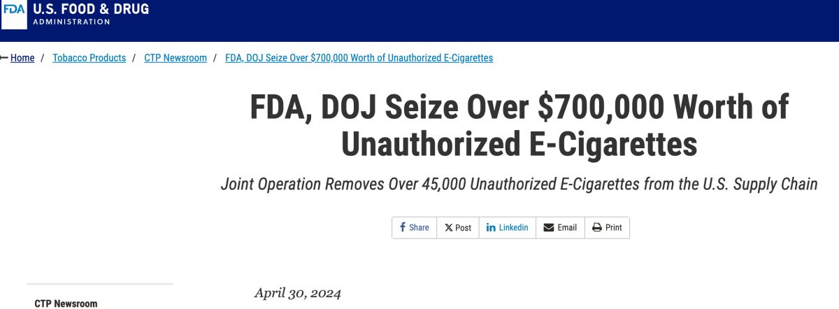 FDA and DOJ Seize $700k Worth of Illegal E-Cigarettes