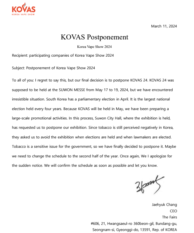 Posposición de Korea Vape Show 2024: Razones e Impacto