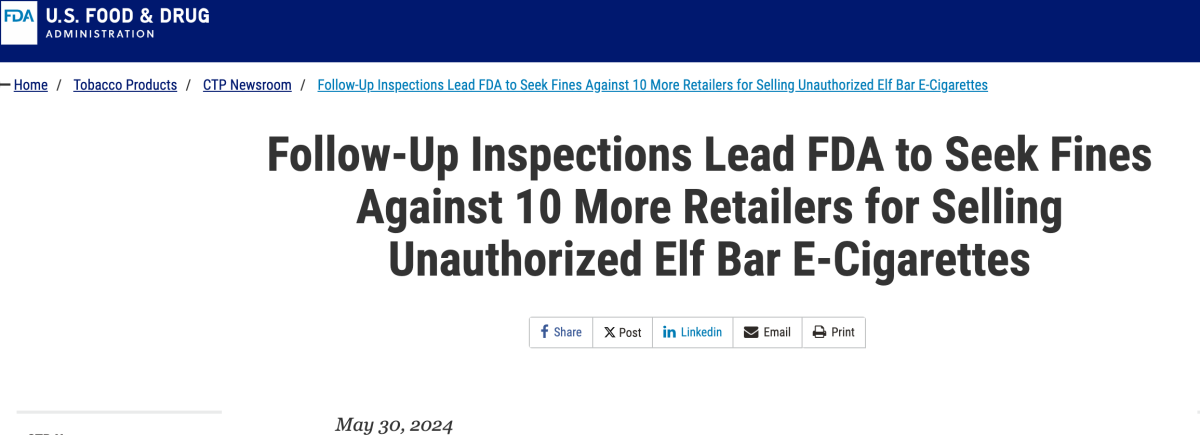 美国FDA对10家销售“ELFBAR”电子烟的零售商处以民事罚款