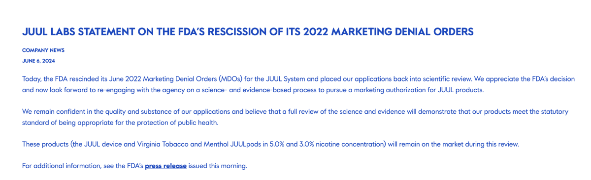 JUUL Receives FDA Approval to Resume Product Sales