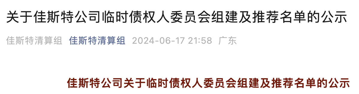 佳斯特公司决定组建临时债权人委员 7人名单公示
