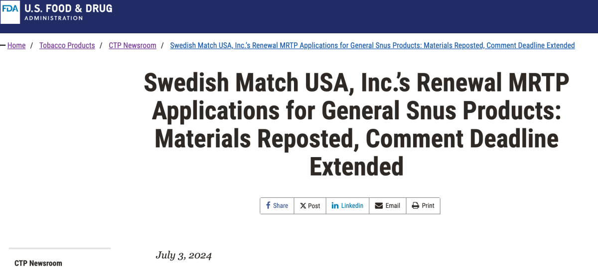 美国FDA重新发布瑞典火柴General Snus申请文件 延长评论期以听取公众意见