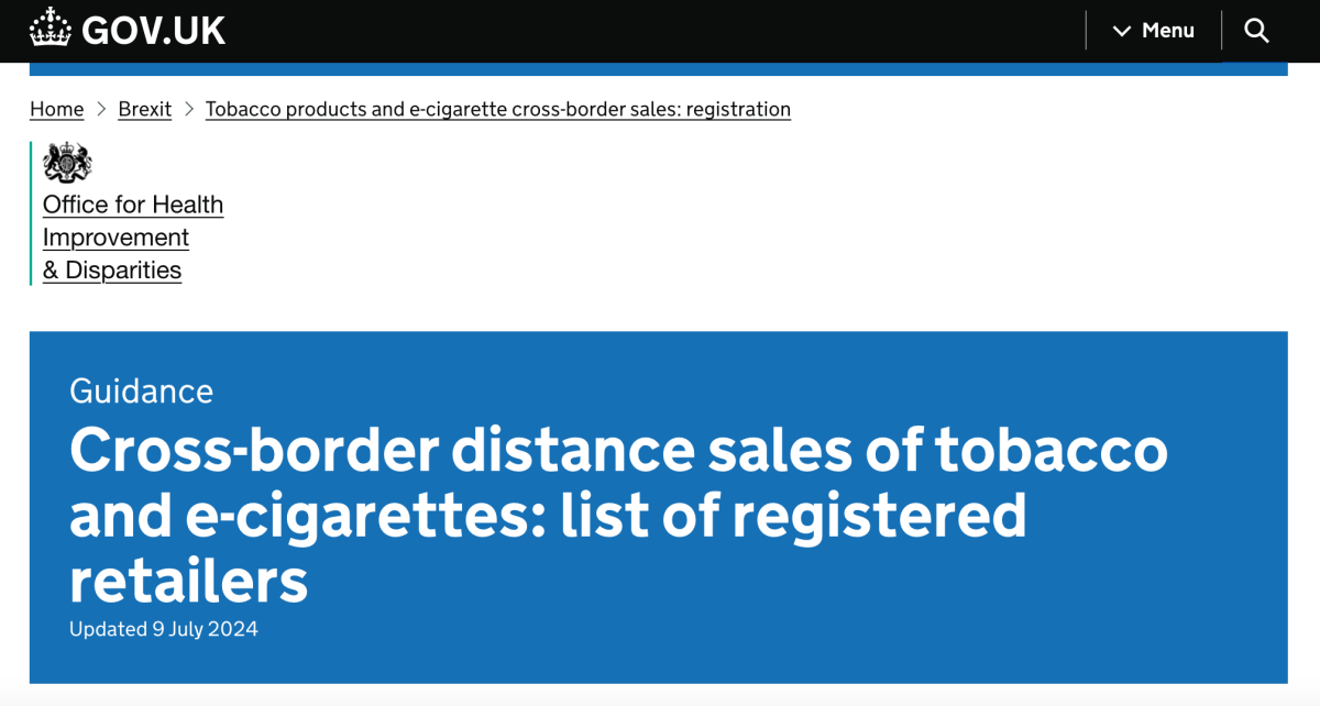 英国政府更新77家电子烟和烟草产品跨境远程销售零售商注册名单