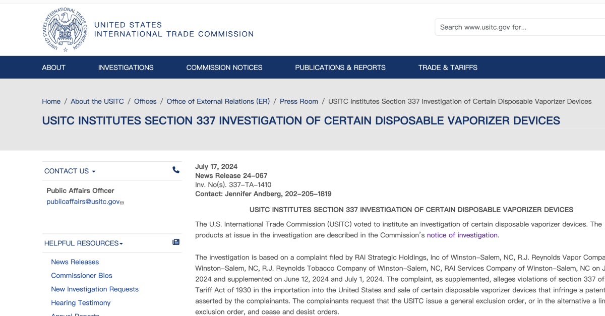 USITC: 337 Investigation towards Disposable Atomizer Devices, 36 Companies Involved