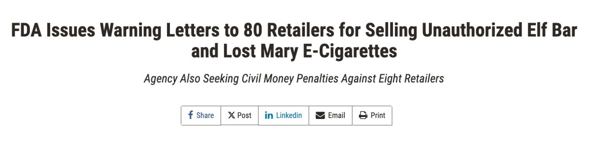 FDA Warns Retailers of Unauthorized ELFBAR, LOST MARY E-Cigarette Sales to Teens