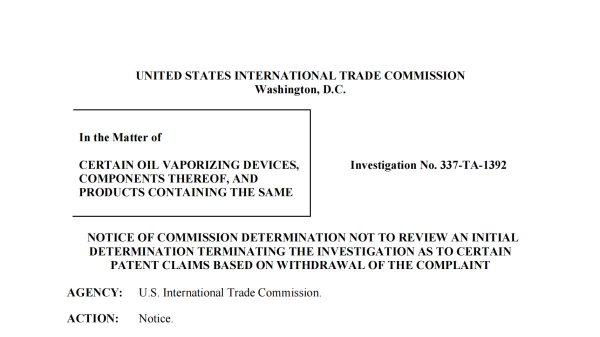 ITC Terminates Certain Claims in Patent Infringement Investigation