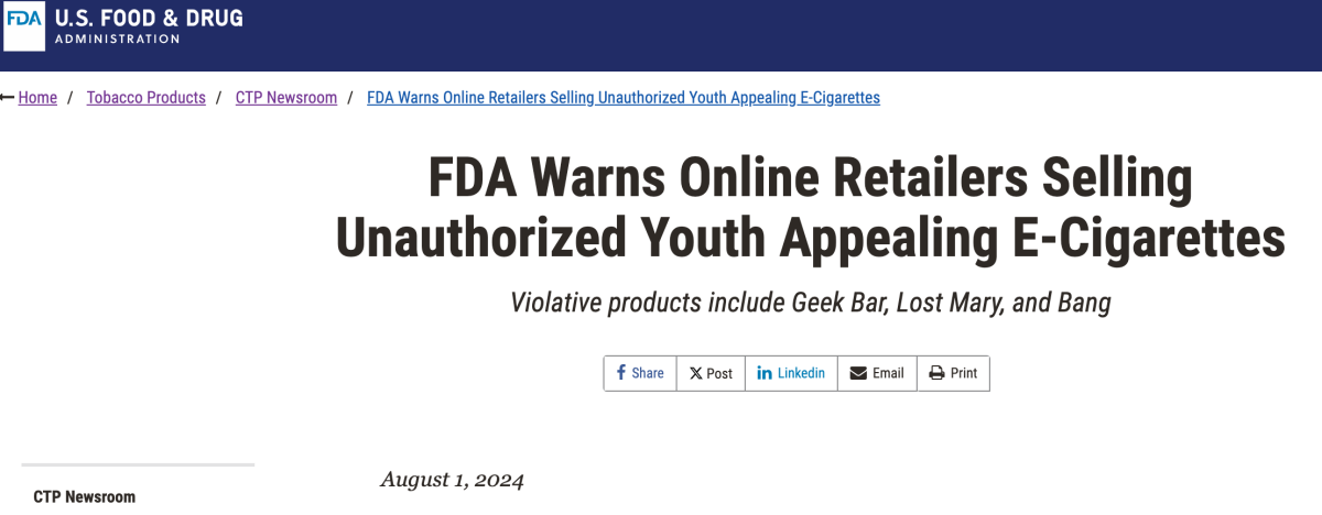 La FDA emite cartas de advertencia a cinco minoristas en línea que venden cigarrillos electrónicos no autorizados.